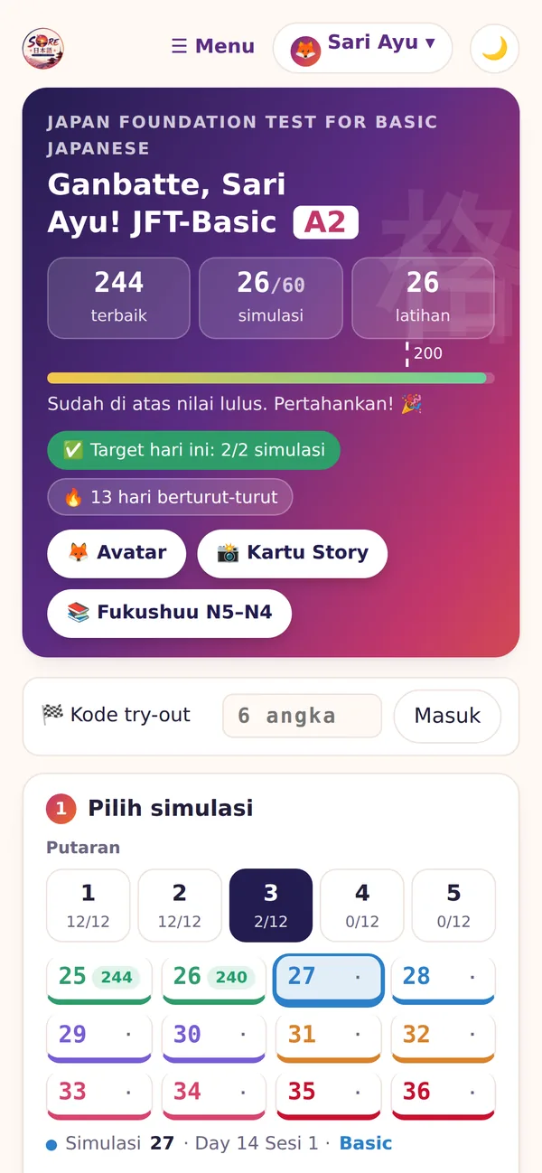 Contoh tampilan simulasi JFT di aplikasi Sore Nihongo